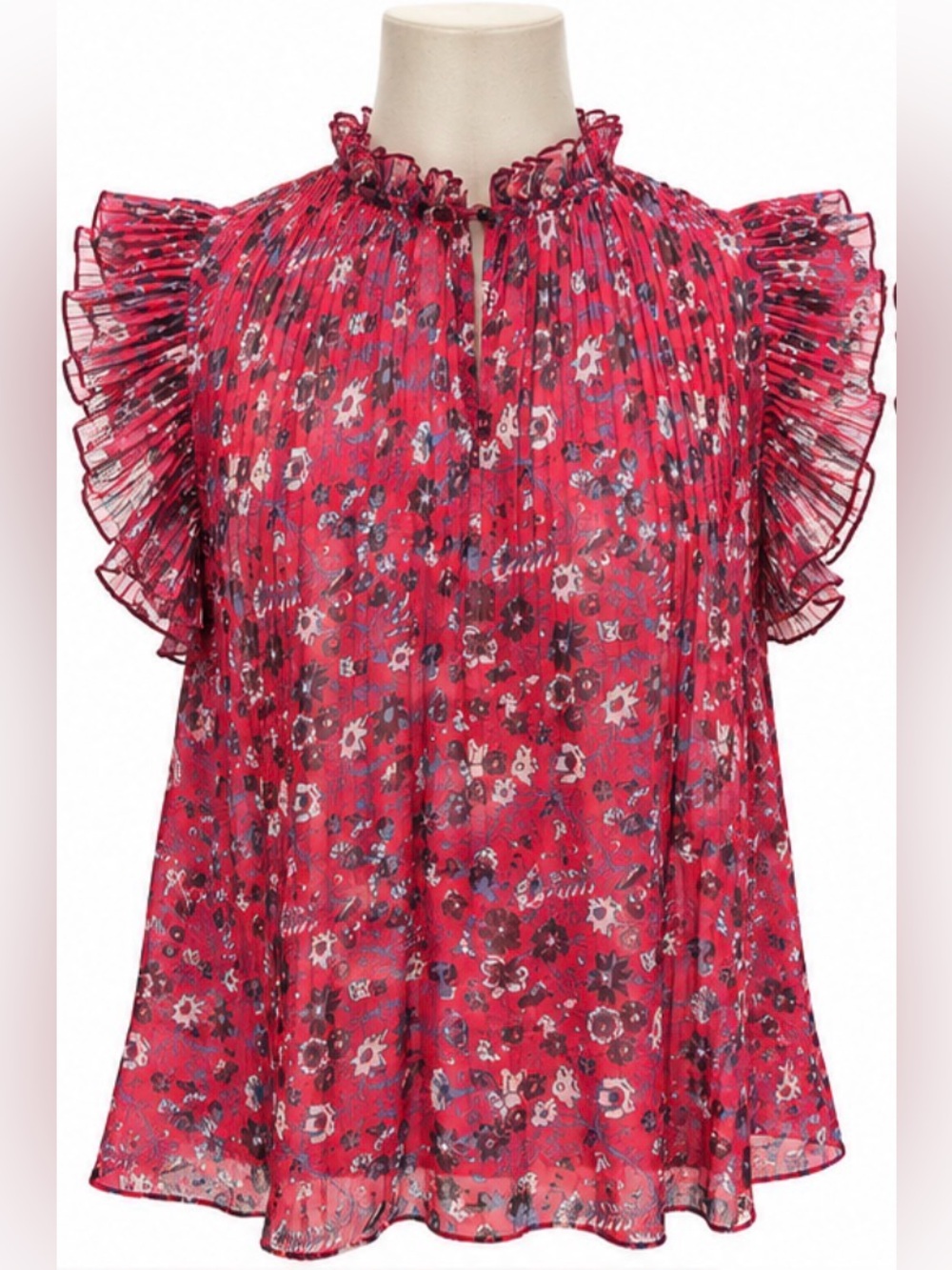 By Anthropologie Pleated Floral Ruffle Blouse Red Pink Size M Made in Italy